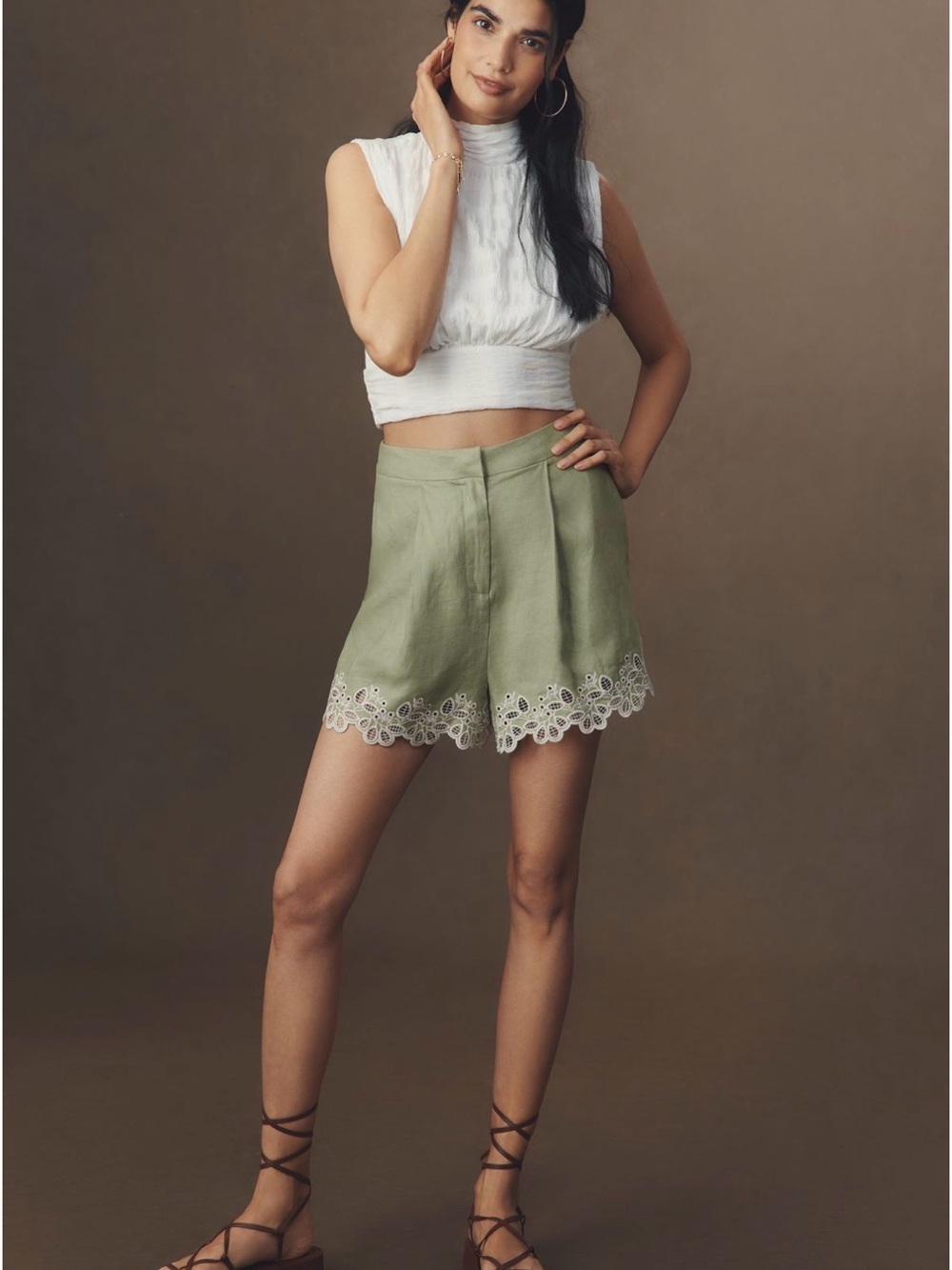 Anthropologie Astr The Label Kiya Green Eyelet-Hem Linen Bermuda Shorts